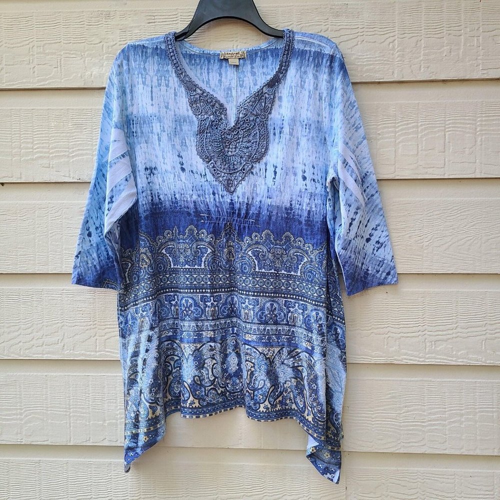 Energe World Wear Women's Knit Top Blouse Lace Crochet Trim Beaded Size 1X